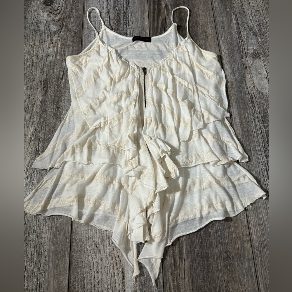 Crimson Ivy Multi Layer Ruffled Zip Up Striped Tank Top in  Earthy Color Tone
